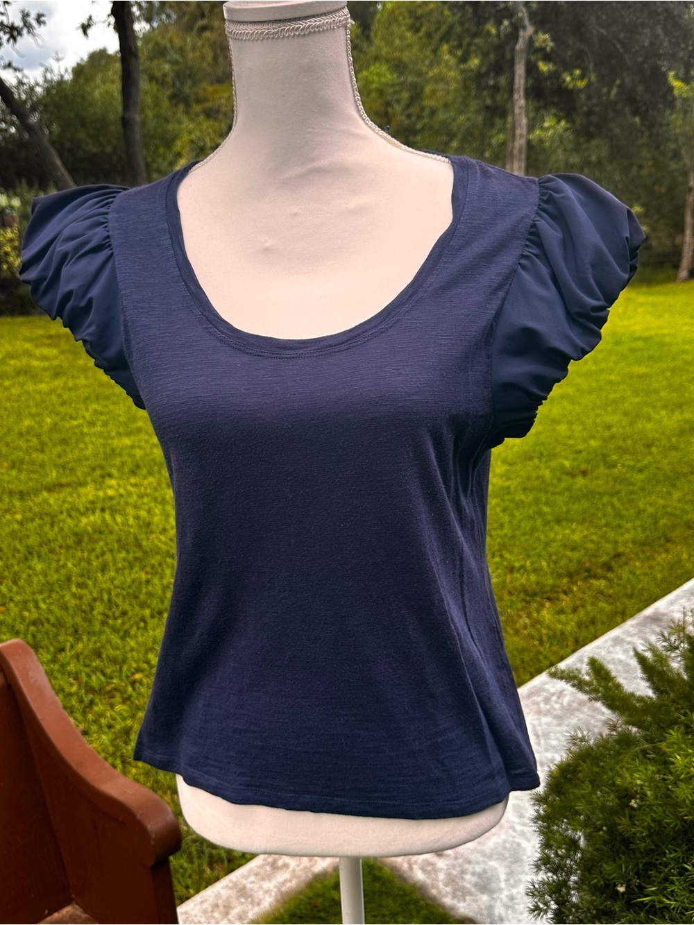 Navy Puff Sleeve Scoop Neck Top - Classic Women's StyleOn 34th